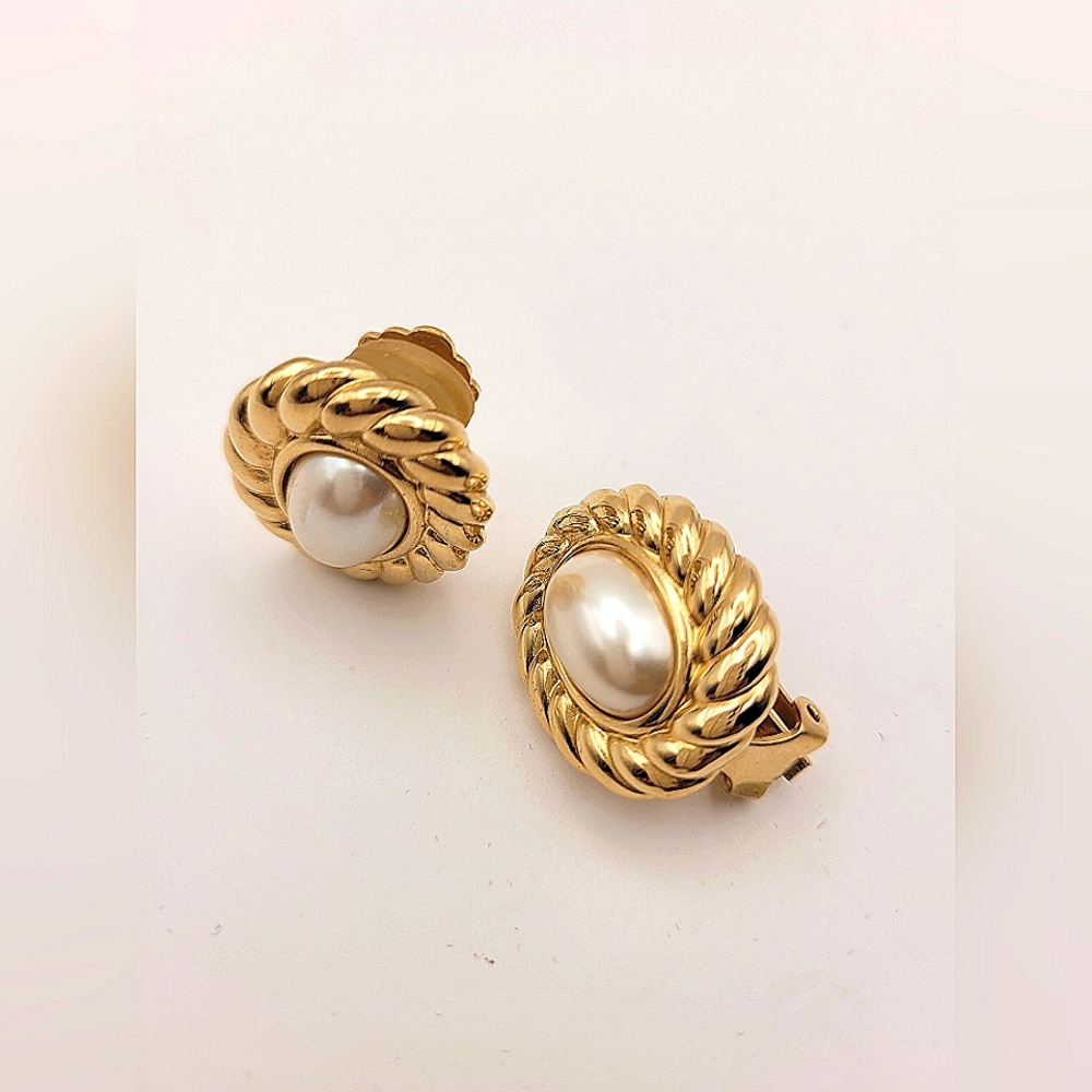 Vintage Christian Dior Gold Plated Oval Shaped Pearl Clip Earrings